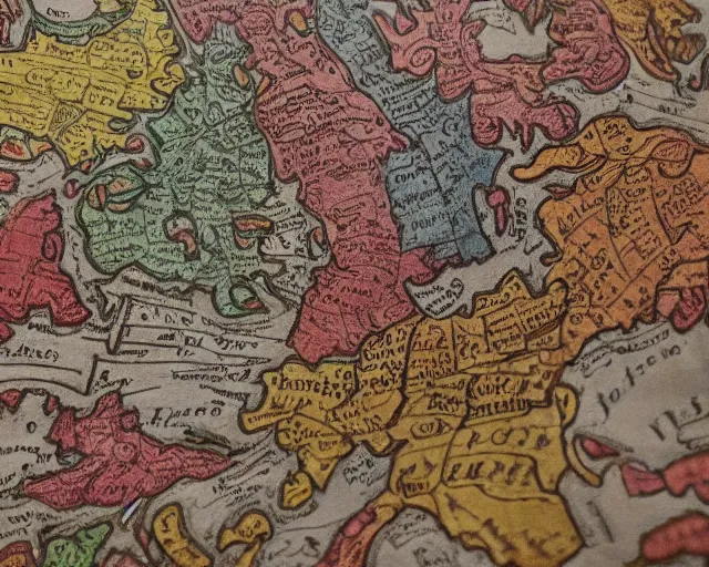 Image similar to highly detailed colourful ancient map of the united kingdom, flat earth model, beautiful caligraphy and notations, beautiful detailed illustrations, ancient lost artefacts, 3 5 mm film photo, maximalist,