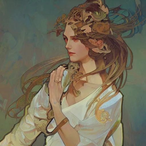 Image similar to krenzcushart, alphonse mucha, j. c. leyendecker, and ruan jia combined art