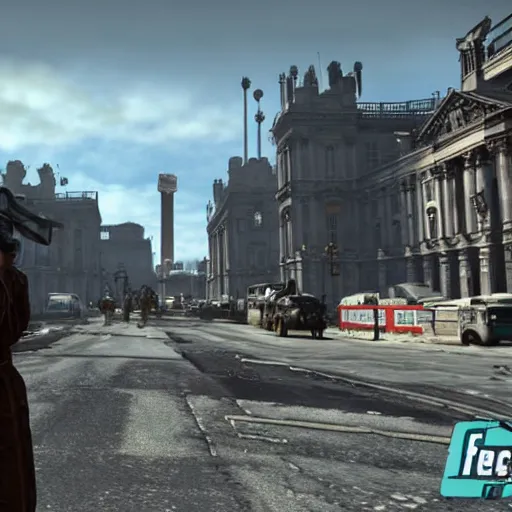 Prompt: promotional screenshot of fallout videogame set in london, visible buckingham palace