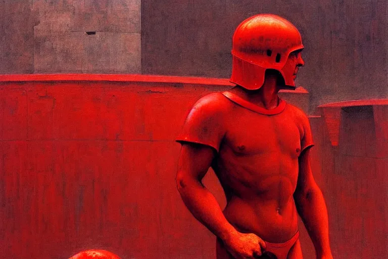 Image similar to only with red, a red gladiator in a crowded roman amphitheatre, crowd cheers him, in the style of beksinski, parts by edward hopper, parts by rodcenko, parts by yue minjun, intricate and epic composition, red by caravaggio, insane quality, highly detailed, masterpiece, red light, artstation