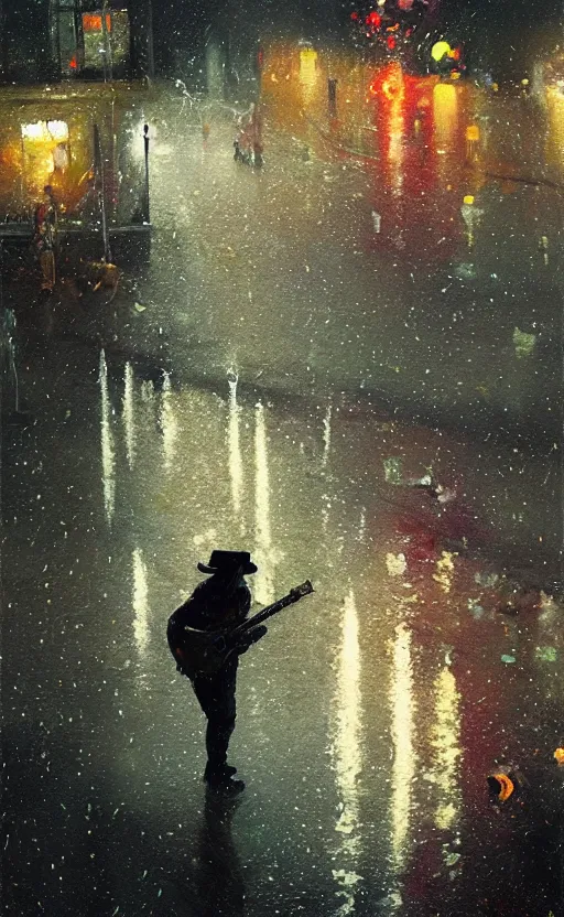 Prompt: a painting of slash playing the guitar, rainy night, lights, particles, depth of field, raindrops, crowd, lights, top hat by greg rutkowski, featured on artstation