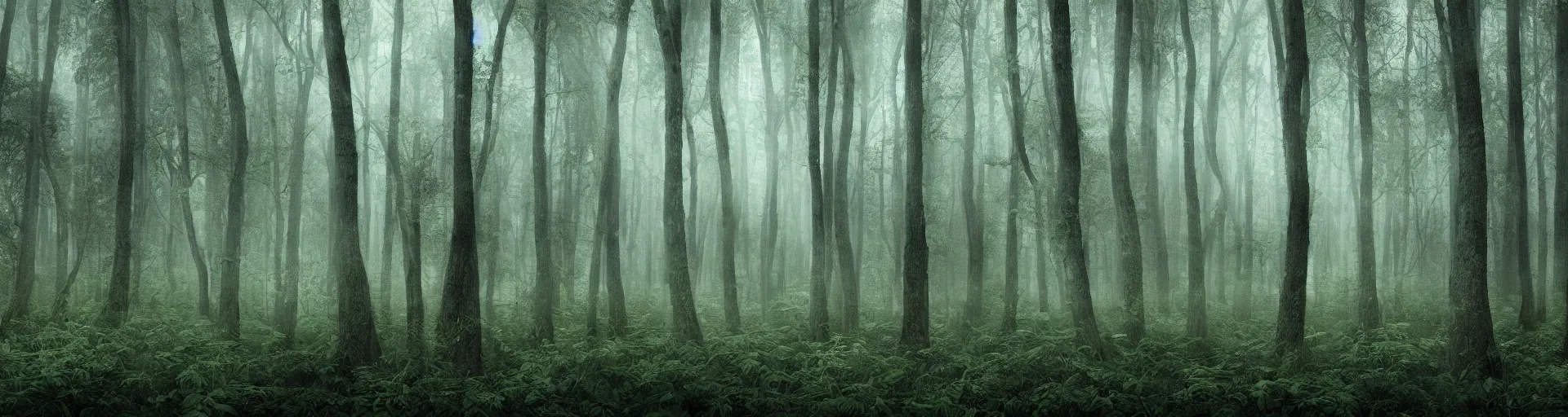 Prompt: dense forest, gloomy, ambient, wallpaper, digital art