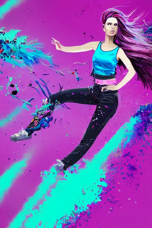 Image similar to a award winning half body porttrait of a beautiful woman in a croptop and cargo pants with ombre purple pink teal hairstyle with head in motion and hair flying, paint splashes, splatter, outrun, vaporware, shaded flat illustration, digital art, trending on artstation, highly detailed, fine detail, intricate