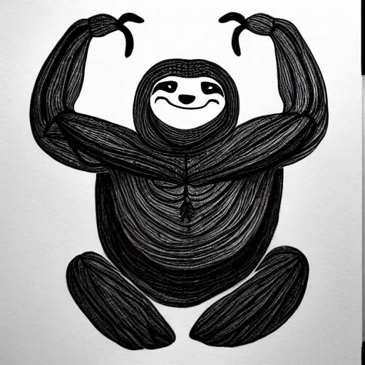 Image similar to sloth with eight arms, drawn with a black 0. 3 mm fineliner on a white paper