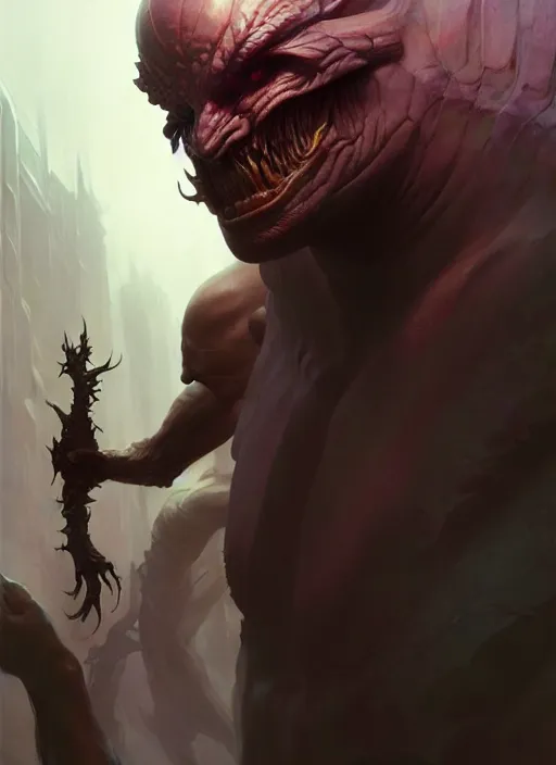 Image similar to fantasy shapeshifter revealing his true nature, dim light, front game card, marvel comics, dark, intricate, highly detailed, smooth, artstation, digital illustration by ruan jia and mandy jurgens and artgerm and wayne barlowe and greg rutkowski and zdislav beksinski