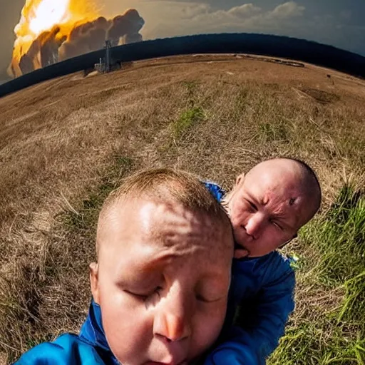 Prompt: radiation eats a ukrainian and his children alive, wild pain and desperate selfies, against the backdrop of a huge nuclear explosion from which the skin has already burned to the bone