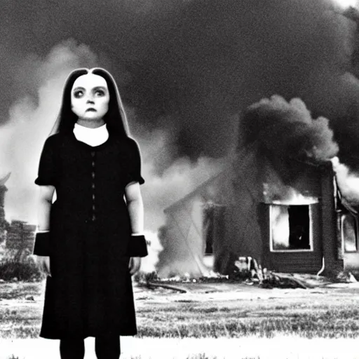 Prompt: a photo of a house burning down in the background and wednesday adams with an eerie expression in the foreground, strong depth of field