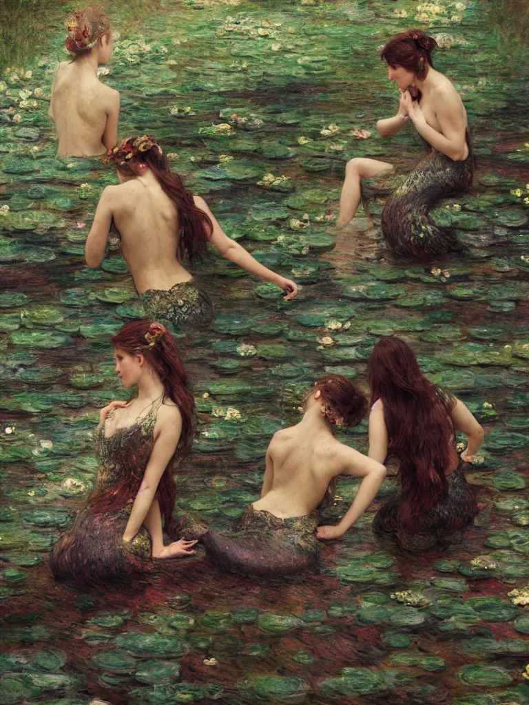 Image similar to illustration studio portrait of three dark beautiful mermaids female energy in artistic poses in the river at the forest, monet painterly motives and textures pattern, hyper detailed, octane render, vivid colors, artstation, by jeremy mann, by alphonse mucha, by monet