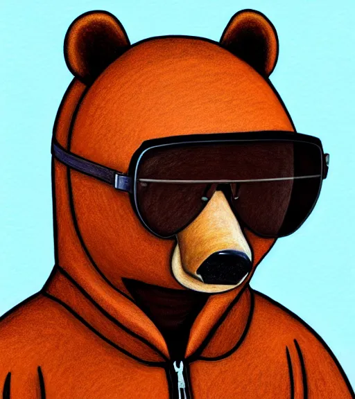 Prompt: expressive stylized master furry artist digital colored pencil painting full body portrait character study of the kamchatka brown bear small head fursona animal person wearing clothes leather bomber jacket aviator sunglasses pilot standing next to airplane by master furry artist blotch, sharp focus