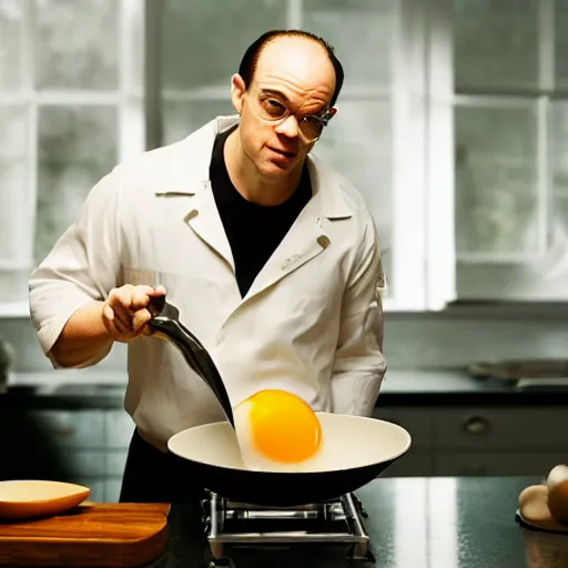 Prompt: a portrait of agent smith from the matrix making breakfast in the kitchen cooking an egg on a frying pan with bacon, dynamic lighting, studio lighting, 8k, award winning photo