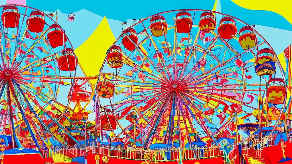 Image similar to carnival town, the horror carnival drawn in the style of a children's book. ferris wheel, circus tent, and carousel. disney style. cutesy, fun, and bright. color harmony, 8 k detail, gallery quality, hd wallpaper, premium prints available, hyper - detailed, intricate design.