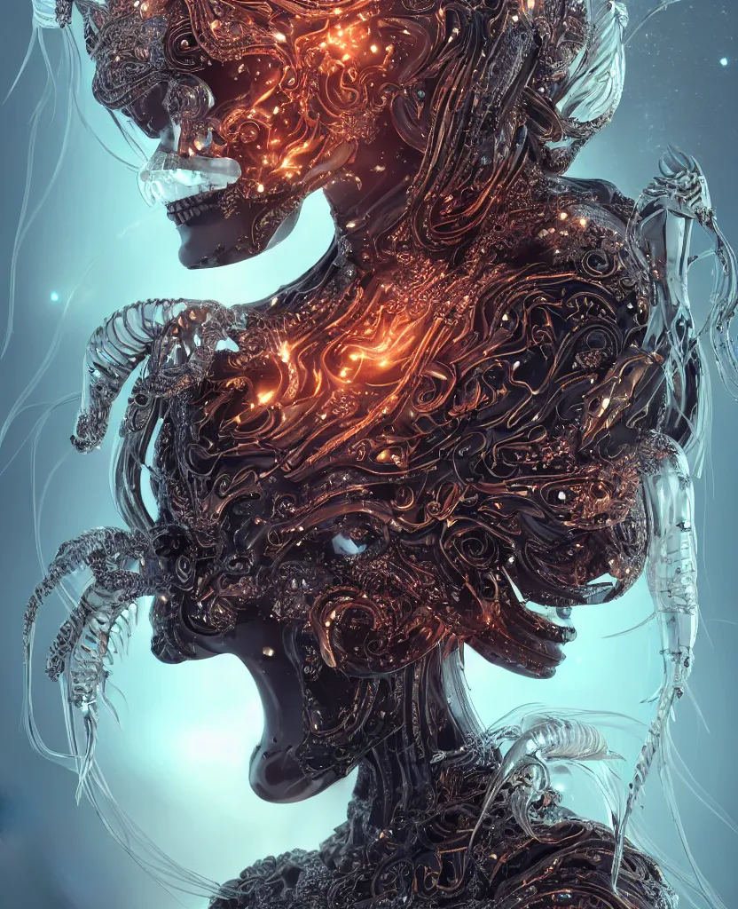 Image similar to close-up macro portrait of the face of a beautiful princess with animal skull mask, epic angle and pose, symmetrical artwork, 3d with depth of field, blurred background, cybernetic jellyfish female face skull phoenix bird, translucent, nautilus, energy flows of water and fire. a highly detailed epic cinematic concept art CG render. made in Maya, Blender and Photoshop, octane render, excellent composition, cinematic dystopian brutalist atmosphere, dynamic dramatic cinematic lighting, aesthetic, very inspirational, arthouse. y Greg Rutkowski, Ilya Kuvshinov, WLOP, Stanley Artgerm Lau, Ruan Jia and Fenghua Zhong