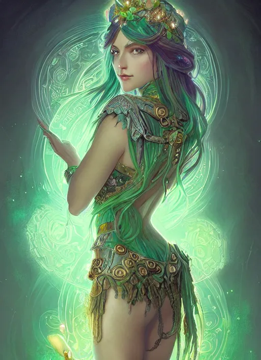 Prompt: green hair goddess, fantasy, glowing lights!! intricate, stars and lights, d & d, fantasy, intricate, elegant, highly detailed, digital painting, artstation, concept art, matte, sharp focus, illustration, hearthstone, art by artgerm and greg rutkowski and alphonse mucha