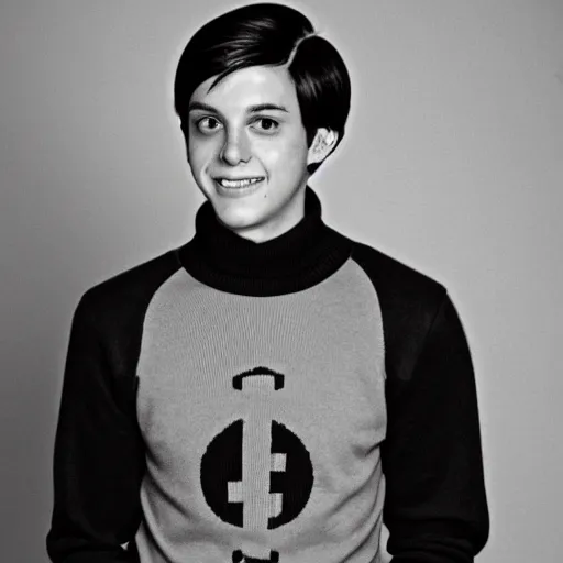 Prompt: a yearbook photo of Jughead Jones in 1966, he is wearing a turtleneck sweater with a picture of the letter S on it