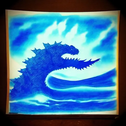 Prompt: a blue water wave in the silhouette shape of Godzilla, cartoon drawing