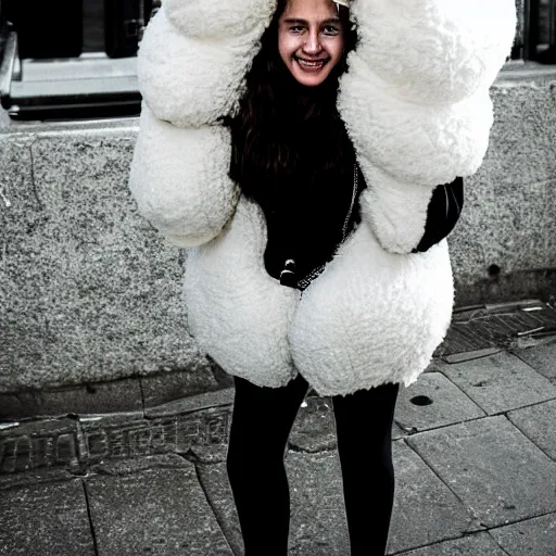 Image similar to portrait of a womans face, age 2 0 in a fluffy sheep costume, outside theatre, street photography by steve mccurry, 5 0 mm f / 1. 4