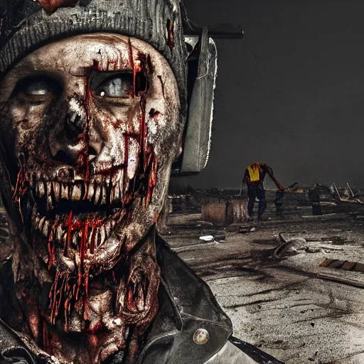 Image similar to construction - worker as angry rotting zombie, full body portrait, reflective vest, road construction, horror core, apocalyptic, feeling of grimdark, sharp focus, fiction, hyper detailed, digital art, trending in artstation, cinematic lighting, studio quality, smooth render, unreal engine 5 rendered, octane rendered, art style and nixeu and wlop and krenz cushart