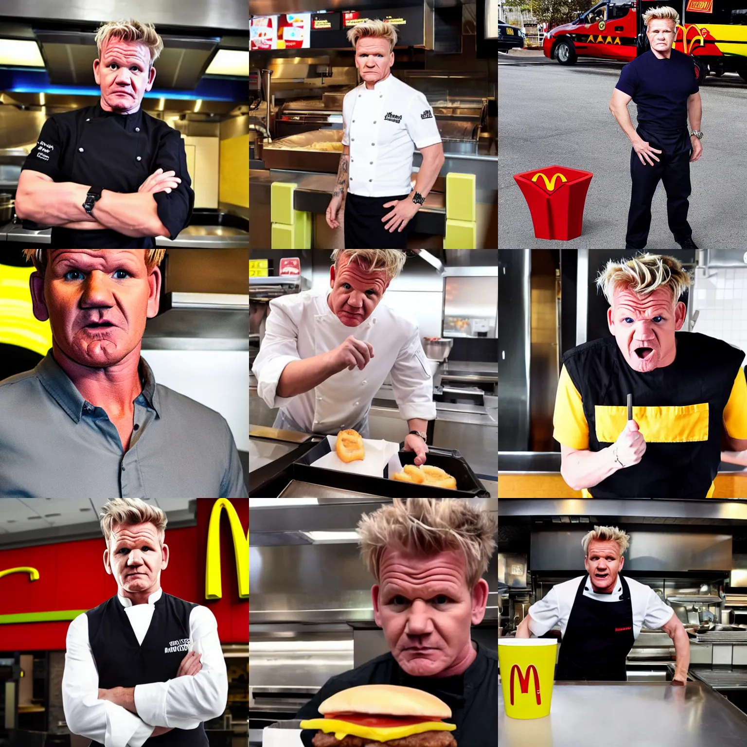 Prompt: gordon ramsay working at mcdonalds, angry, photograph