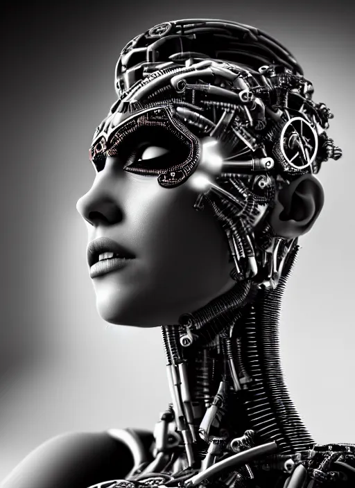 Image similar to a stunning young female cyborg profile face, face is made intricate tribal bio - mechanical, bw, unreal engine, glamor shot, nikon d 7 5 0, closeup, f / 2. 8, low contrast, 1 6 k, rim lighting, optical fiber, cinematic lighting, insanely detailed and intricate, hypermaximalist, elegant, ornate, hyper realistic,