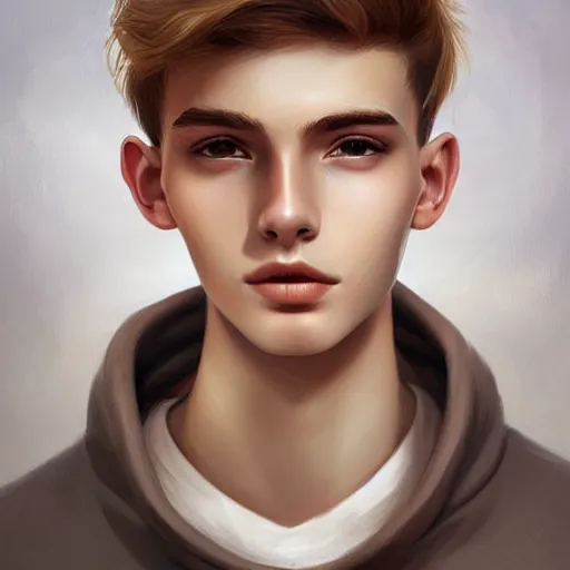 Prompt: teenage boy with brown blond short quiff hair and thin slightly round facial structure with cleft chin, bumpy nose, good definition of cheekbones, hazel nut brown eyes, narrow face, slim body, atmospheric lighting, painted, intricate, 4k, highly detailed by Charlie Bowater