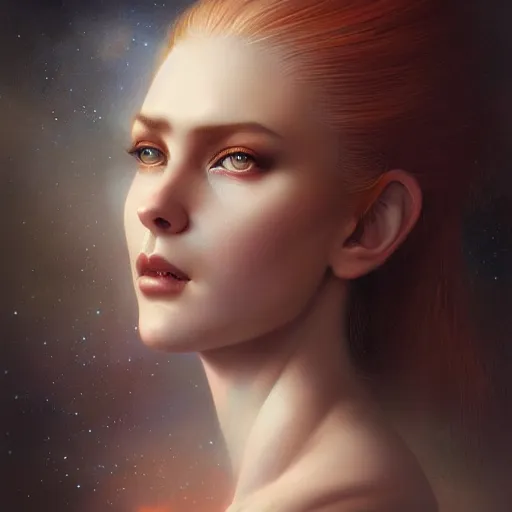 Image similar to a beautiful portrait of a celestial goddess by Jim Burns and Tom Bagshaw, Trending on Artstation, hands: -1