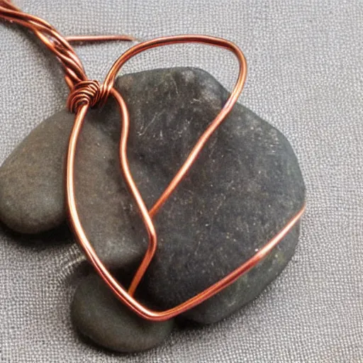 Image similar to beautiful but simple amulet made from equal parts sandstone and dirtstone, bound together by copper wire
