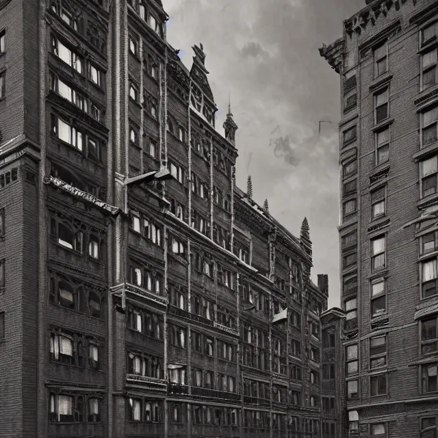 Image similar to sepia photo of a 1 9 2 0 s neo - gothic style hotel in downtown boston, overlooking a dark street, architectural, atmospheric lighting, brooding, painted, intricate, ultra detailed, well composed, best on artstation, cgsociety, epic, horror, stunning, gorgeous, intricate detail, much wow, masterpiece, cinematic aesthetic octane render, 8 k hd resolution,