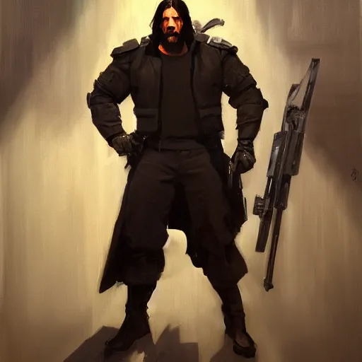 Image similar to greg manchess portrait painting of partially armored john wick as overwatch character, medium shot, asymmetrical, profile picture, organic painting, sunny day, matte painting, bold shapes, hard edges, street art, trending on artstation, by huang guangjian, gil elvgren, ruan jia, greg rutkowski, gaston bussiere