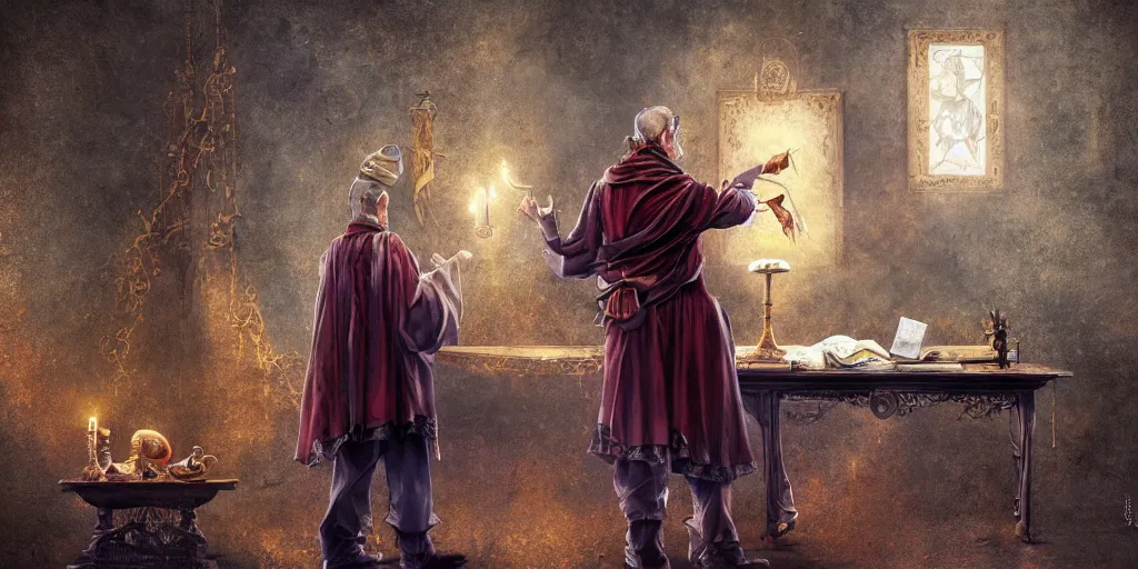 Image similar to back shot of wizened aristocrat examining the mysteries of tarot cards on a magical blackboard, fantasy art, matte painting, high quality, digital painting, artwork by tony sart