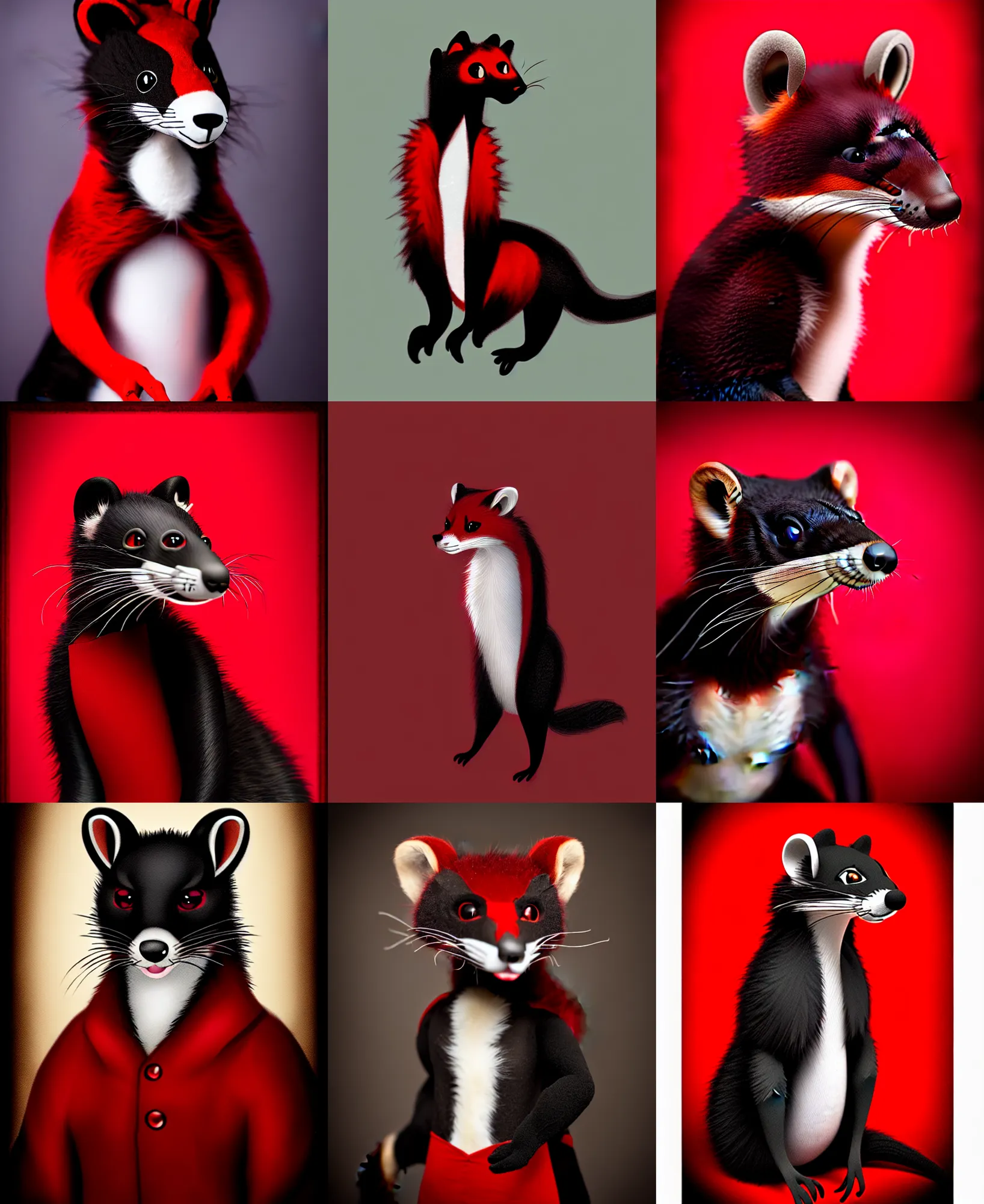 Prompt: photo studio portrait of a roguish red - black weasel fursona