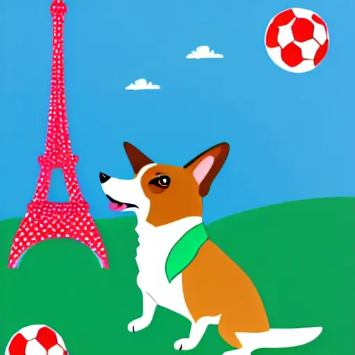 Image similar to illustration of french boy playing football with a corgi wearing a polkadot scarf in front of the eiffel tower