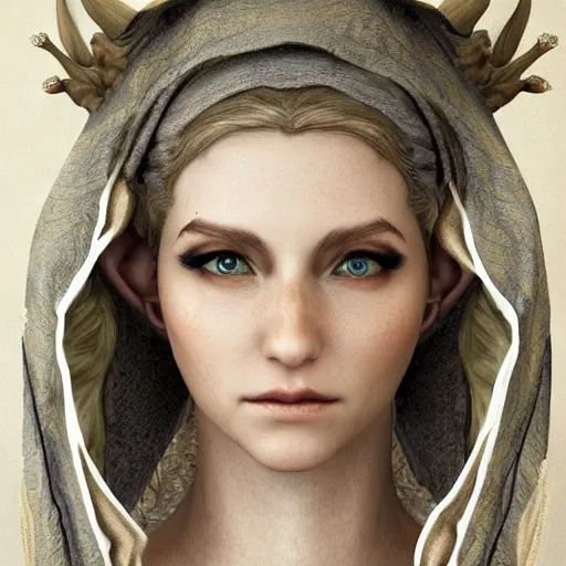 Image similar to beautiful hyper realistic portrait of a female elf wizard, focus on face, fantasy, medieval, elegant, soft, feminine,intricate details, cinematic, trending on artstation, in the style of D&D