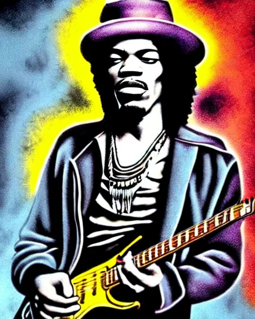 Prompt: grunge rock jimi hendrix taking a selfie with his iphone, instagram, tiktok, postmodern surrealist concert poster, grainy poster art, hand drawn matte painting by lynd ward and gary houston, smooth, sharp focus, extremely detailed, 5 0 mm.
