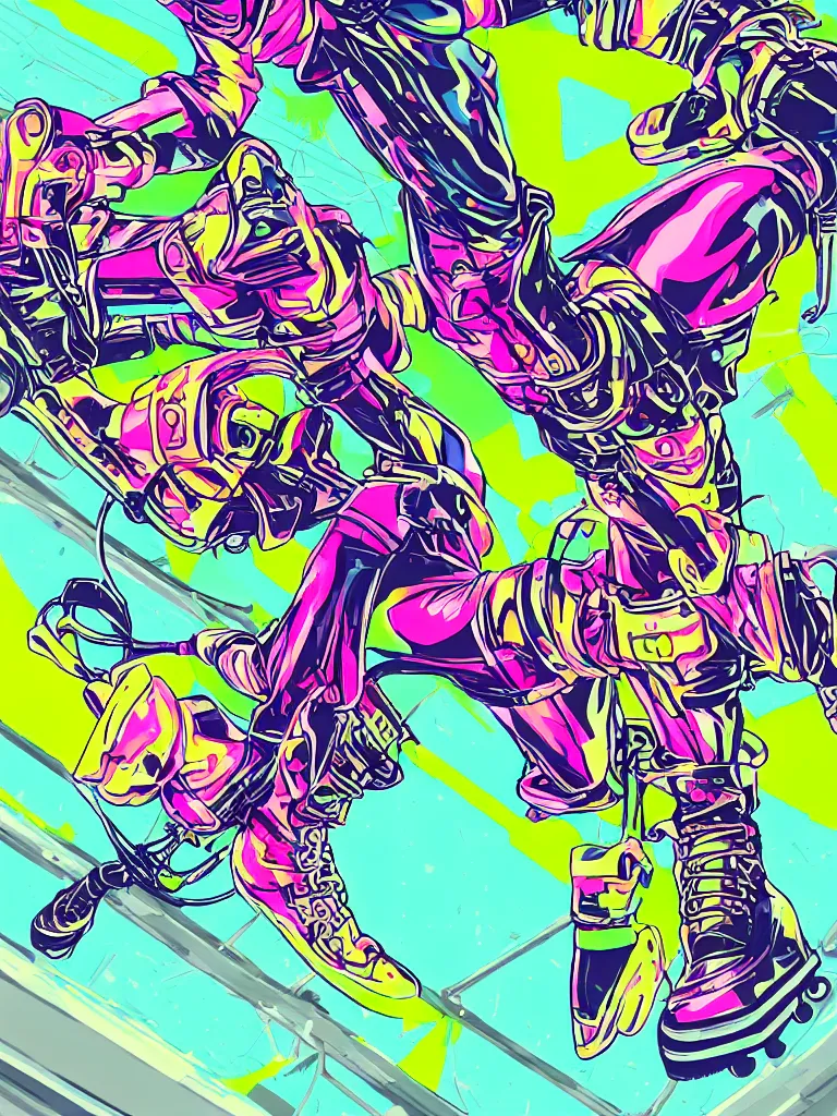 Prompt: illustration of a character riding rollerskating, street wear clothing, large rollerblades, vinyl material, neon fluo details, seen from below, dynamic posing, fashion photoshoot, 4 k, by jet set radio,