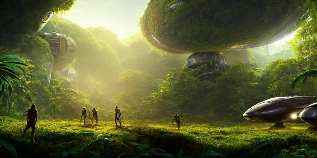 Image similar to a huge futuristic rusty old alien spaceship, next to it a smaller exploration ship on a landing pad, surrounded by a lush jungle, in the foreground two explorers are having a conversation and small animals! are walking around, golden hour, volumetric light, hyperdetailed, artstation, cgsociety, 8k