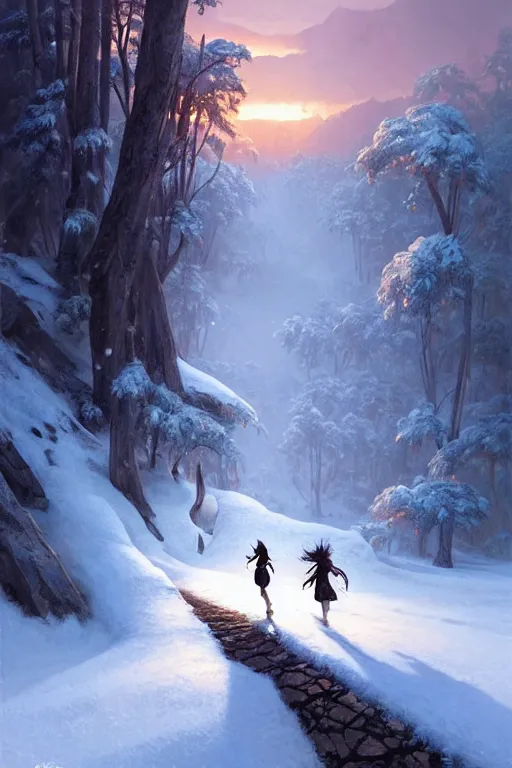 Prompt: a two hunter and huntress running away from a one beautiful giantess on the winter valley, toward to the camera, scared face, dramatic pose, intricate, highly detailed, detailed face, smooth, sharp focus, environmental light, rim light, artgerm, greg rutkowski, ilya kuvshinov, rossdraws, aesthetic fantasy illustration