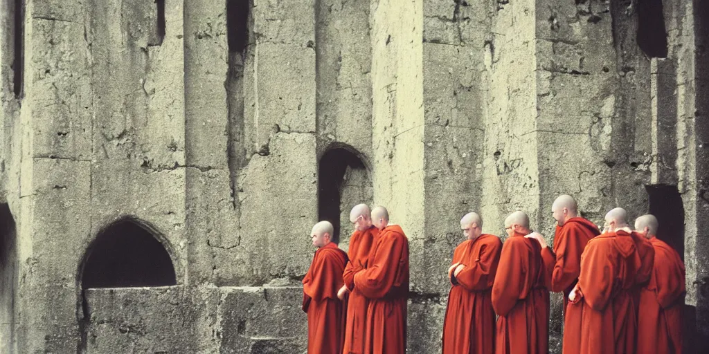 Image similar to robed benedictine monks sing in a boreal crumbling stone gothic brutalist monastery kodak portra ektachrome, chromatic aberration, film grain, bokeh