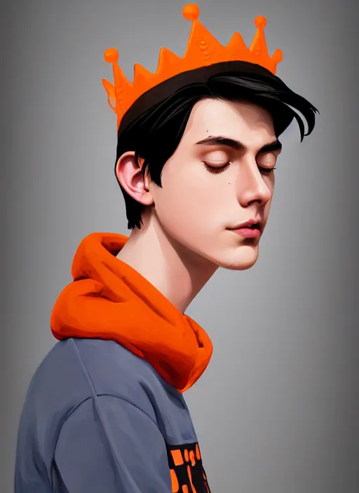 Prompt: portrait of teenage jughead jones wearing a light grey crown, crown, hamburger background, eyes closed, crown, black hair, orange, intricate, elegant, glowing lights, warm lighting, highly detailed, digital painting, artstation, concept art, smooth, sharp focus, illustration, art by wlop, mars ravelo and greg rutkowski