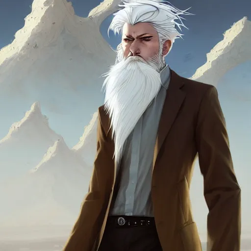 Image similar to a man with stylish white hair,an unusual beard and yellow eyes walking in a desert,character design by charlie bowater, ross tran, artgerm, and makoto shinkai, detailed, inked, western comic book art, 2021 award winning painting,digital art,art by greg rutkowski,photorealistic,highly detailed,hyperdetailed,hyperrealistoc,detailed face,surreal,fantasy,real life