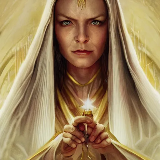 Prompt: Galadriel as a Jedi, mystical, half-body portrait, Lord of the Rings, Star Wars, science fantasy, portrait, highly detailed, digital painting, artstation, concept art, sharp focus, illustration, art by artgerm and greg rutkowski and magali villeneuve, red white and gold color scheme