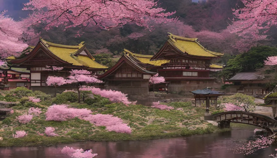 Image similar to japanese village with river, cherry blossoms, rustic houses, manga, hyperdetailed, artstation, cgsociety, 8 k