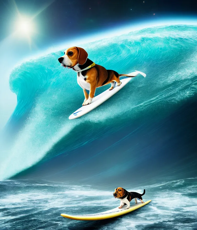 Image similar to beagle dog surfing a surfboard on a crashing l wave of alien ocean in space, background is an alien galaxy, aliens in the background, alien colors, octane render, unreal engine, wide view, 8 k, high detaild