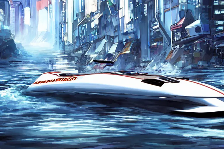 Image similar to speedboat Axopar 37 going full speed in front of shoreline city in anime cyberpunk style by Hayao Miyazaki