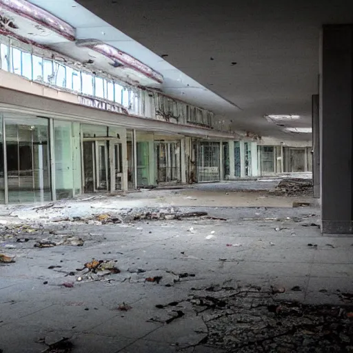 Prompt: an abandoned long forgotten mall with broken windows