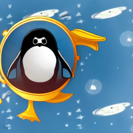 Image similar to cute astronaut penguin, floating on space, disney style, 8 k