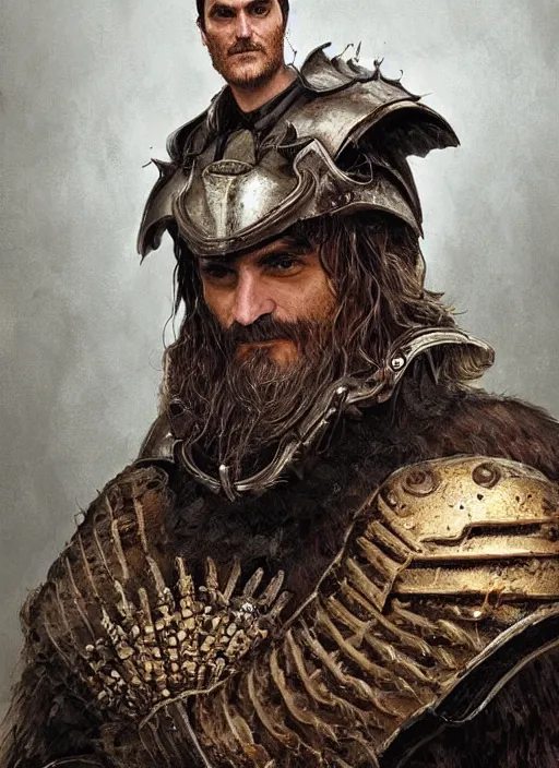 Image similar to digital painting of joaquin phoenix with an armor made of animals, cow horns, pig nose, sheep wool, chicken feather armor, majestic, by anna podedworna and miklos ligeti, diego maricato, taran fiddler, antonino truisi, chris reddie, jinsung lim, trending on artstation