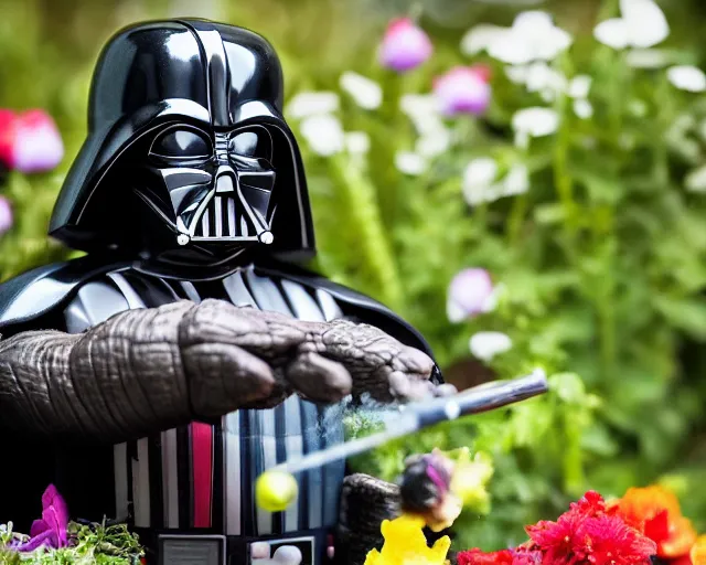 Prompt: 8 5 mm food photography of darth vader playing with toys near a garden with sand with dof and bokeh and flowers o