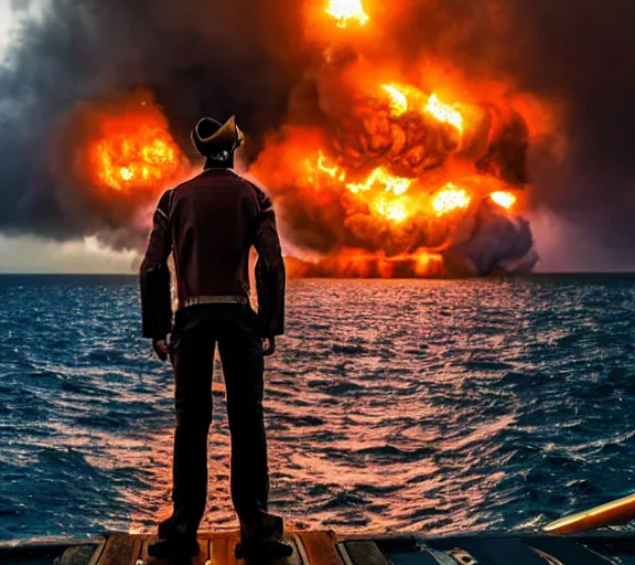 Prompt: a pirate standing on the edge of the ship, big explosion on the background, dramatic atmosphere, in the style of terminator