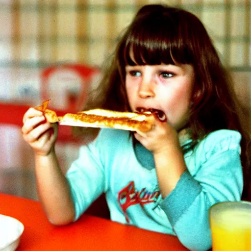 Prompt: young girl eating a stringy grilled cheese sandwich in a red kitchen 1 9 8 3 candid kodachrome photo