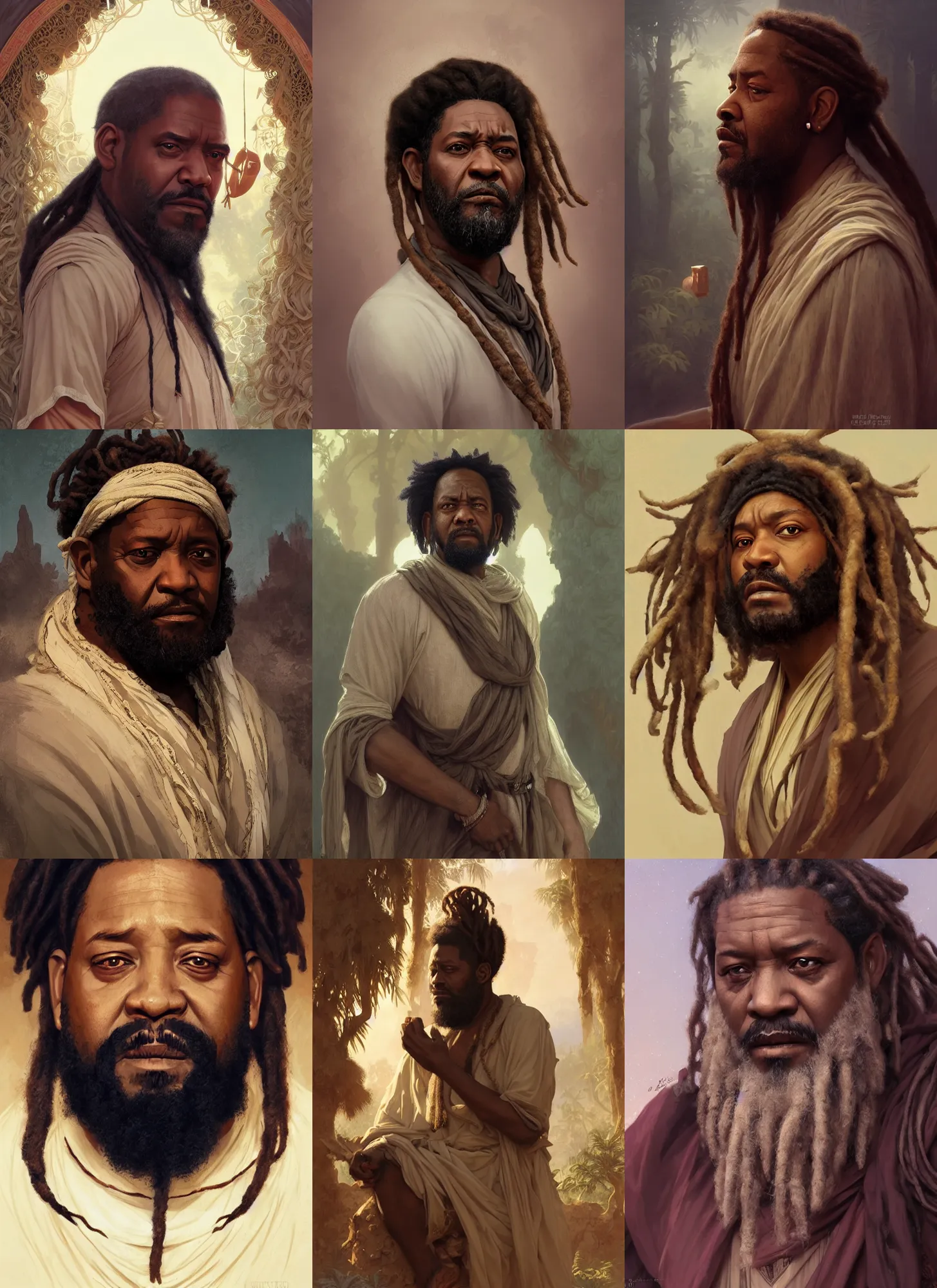 Prompt: forest whitaker ancient libyan, curled beard and dreadlocks, intricate, elegant, highly detailed, artstation, sharp focus, illustration, orientalism, bouguereau, mandy jurgens, rutkowski, mucha